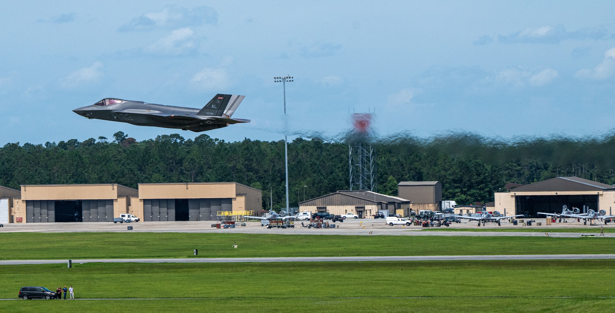 A U.S. Air Force F-35A Lightning II from the 187th Fighter Wing flies at low-level during a comprehensive noise exercise at Moody Air Force Base, Georgia, June 18, 2025. The study aimed to analyze the effects of the F-35A's engine noise on sensitive electronic equipment within the base perimeter. (U.S. Air Force photo by 1st Lt. Benjamin Williams)