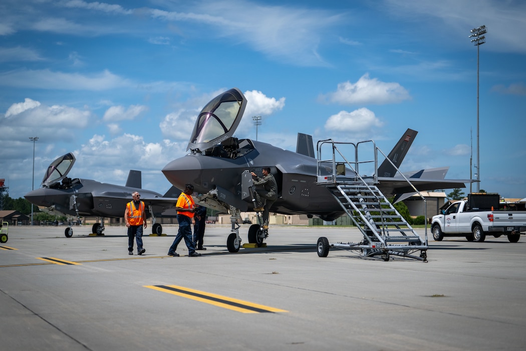 A U.S Air Force F-35A Lightning II from the 187th Fighter Wing, Alabama Air National Guard at Dannelly Field sits on the tarmac after a comprehensive noise exercise at Moody Air Force Base, Georgia, June 18, 2025. This evaluation was critical for understanding the aircraft's acoustic footprint and its impact on the surrounding environment. (U.S. Air Force photo by 1st Lt. Benjamin Williams)