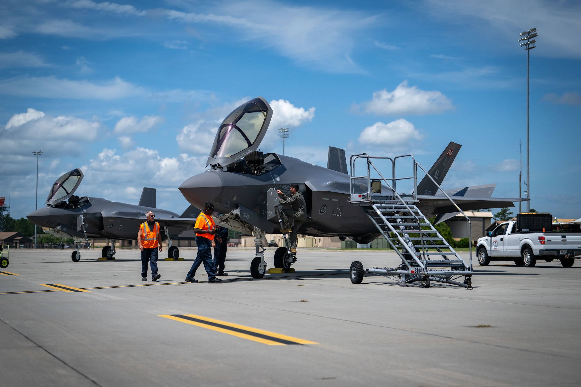 A U.S Air Force F-35A Lightning II from the 187th Fighter Wing, Alabama Air National Guard at Dannelly Field sits on the tarmac after a comprehensive noise exercise at Moody Air Force Base, Georgia, June 18, 2025. This evaluation was critical for understanding the aircraft's acoustic footprint and its impact on the surrounding environment. (U.S. Air Force photo by 1st Lt. Benjamin Williams)