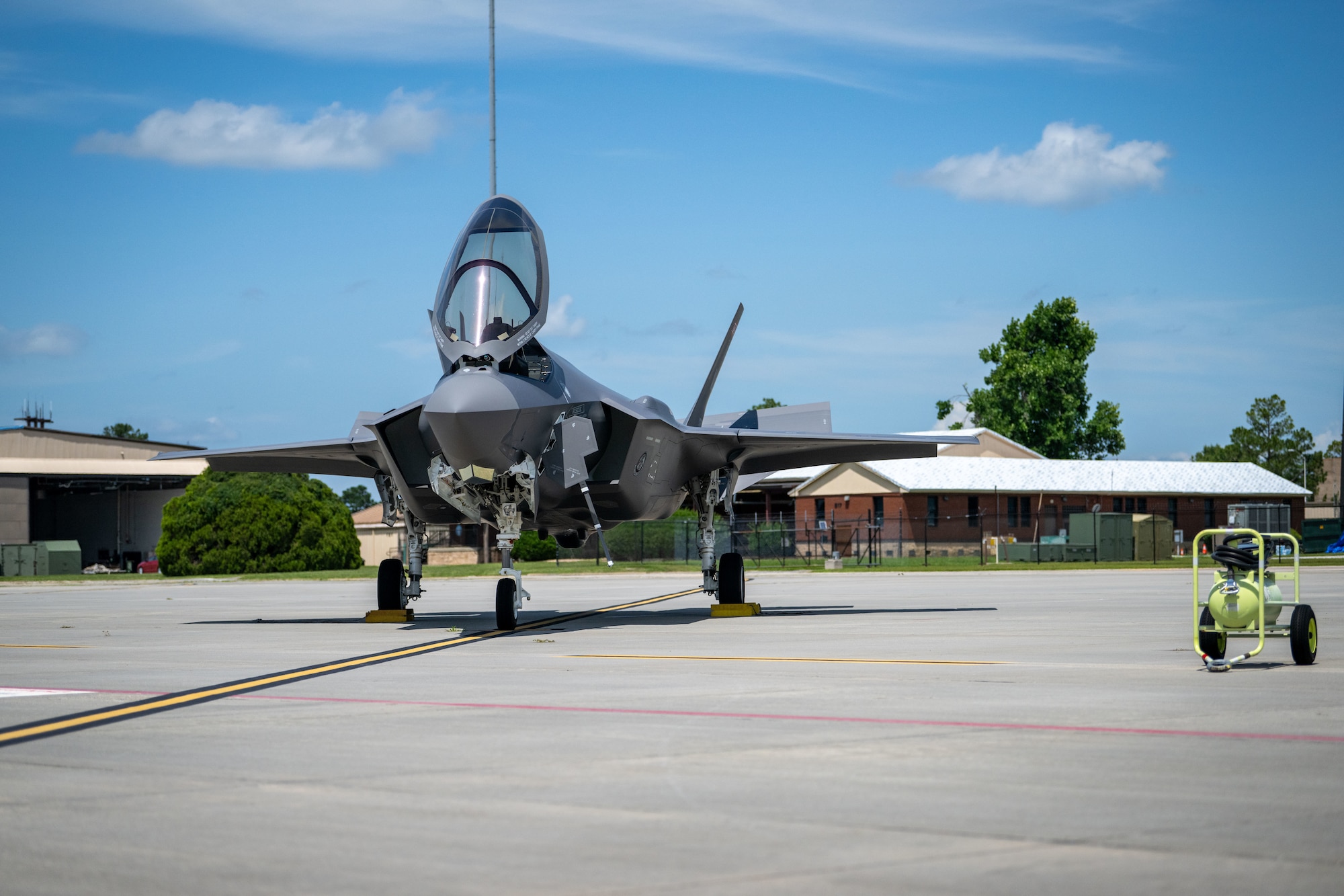 A U.S Air Force F-35A Lightning II from the 187th Fighter Wing, Alabama Air National Guard at Dannelly Field, sits on the tarmac after a comprehensive noise exercise at Moody Air Force Base, Georgia, June 18, 2025. The data collected during the exercise will be used to create noise contours and develop mitigation strategies to ensure the F-35A's operations are compatible with the surrounding community. (U.S. Air Force photo by 1st Lt. Benjamin Williams)