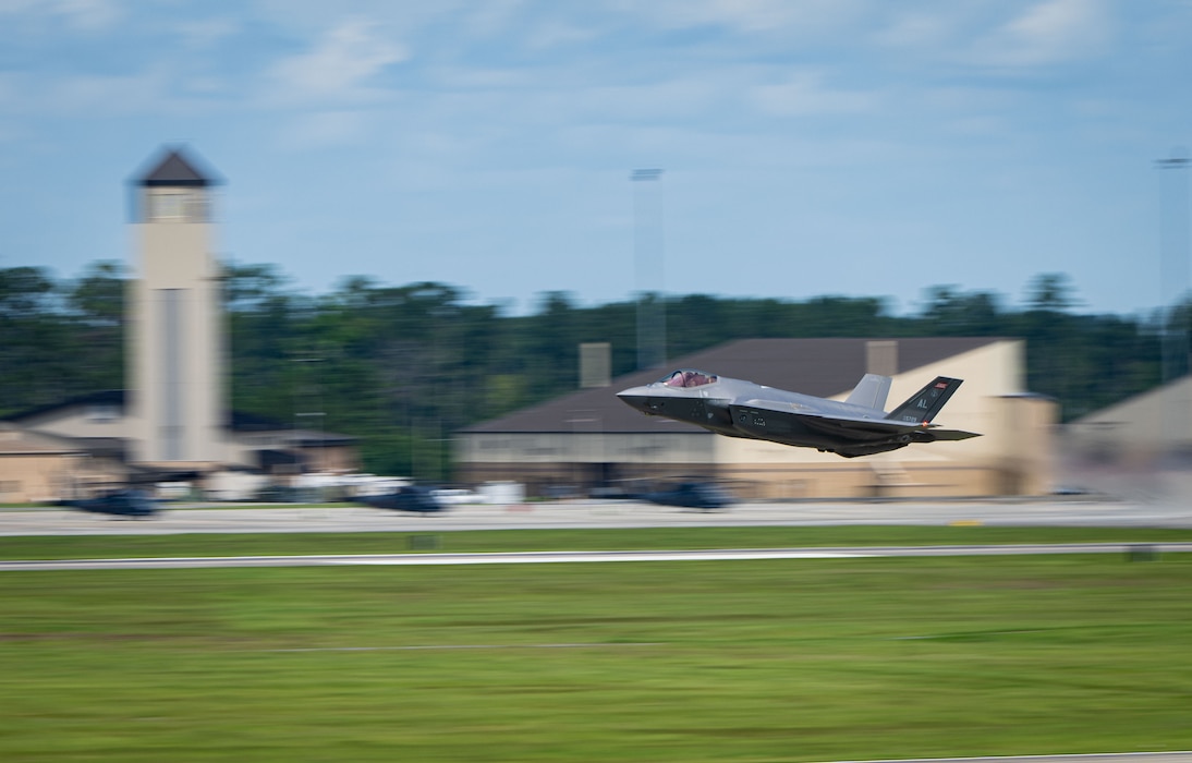A U.S. Air Force F-35A Lightning II from the 187th Fighter Wing flies at low-level during a comprehensive noise exercise at Moody Air Force Base, Georgia, June 18, 2025. This investigation assessed the impact on local schools during instructional hours, focusing on potential disruptions to learning environments. (U.S. Air Force photo by 1st Lt. Benjamin Williams)