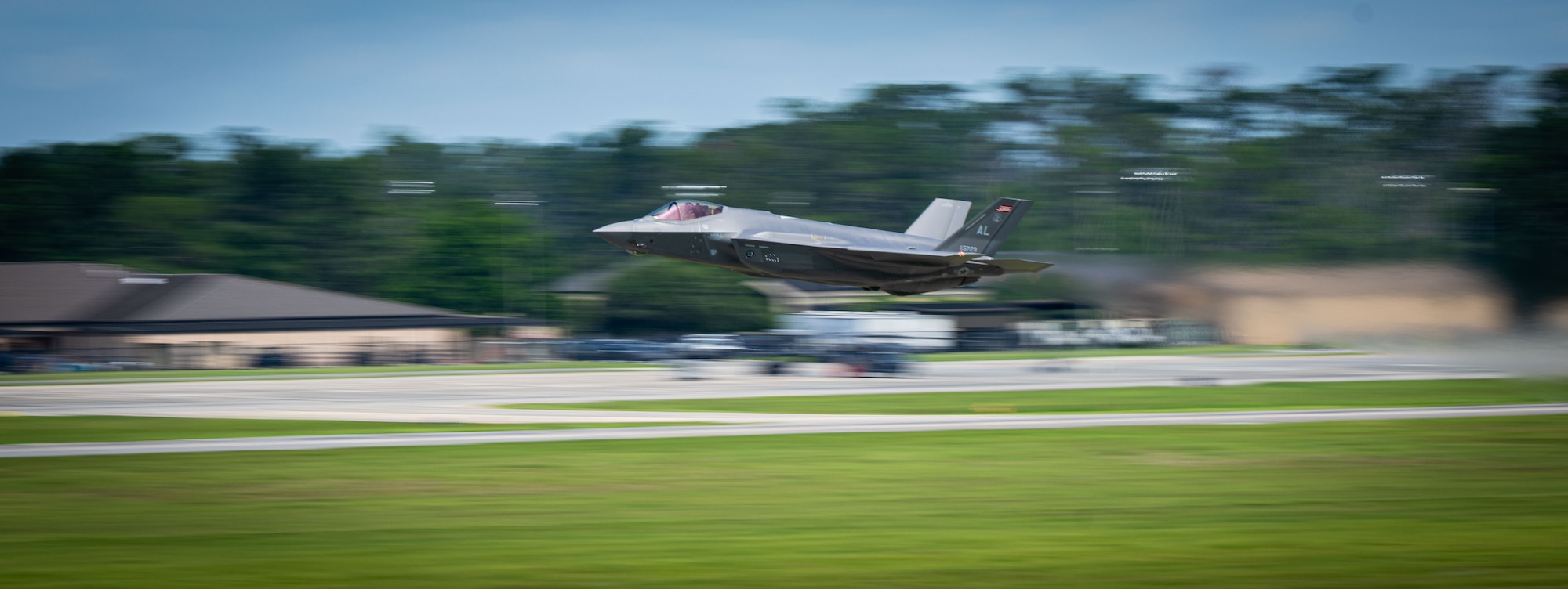 A U.S. Air Force F-35A Lightning II from the 187th Fighter Wing flies at low-level during a comprehensive noise exercise at Moody Air Force Base, Georgia, June 18, 2025. The study monitored the effects of the F-35A's noise on livestock and agricultural operations in the surrounding rural areas. (U.S. Air Force photo by 1st Lt. Benjamin Williams)