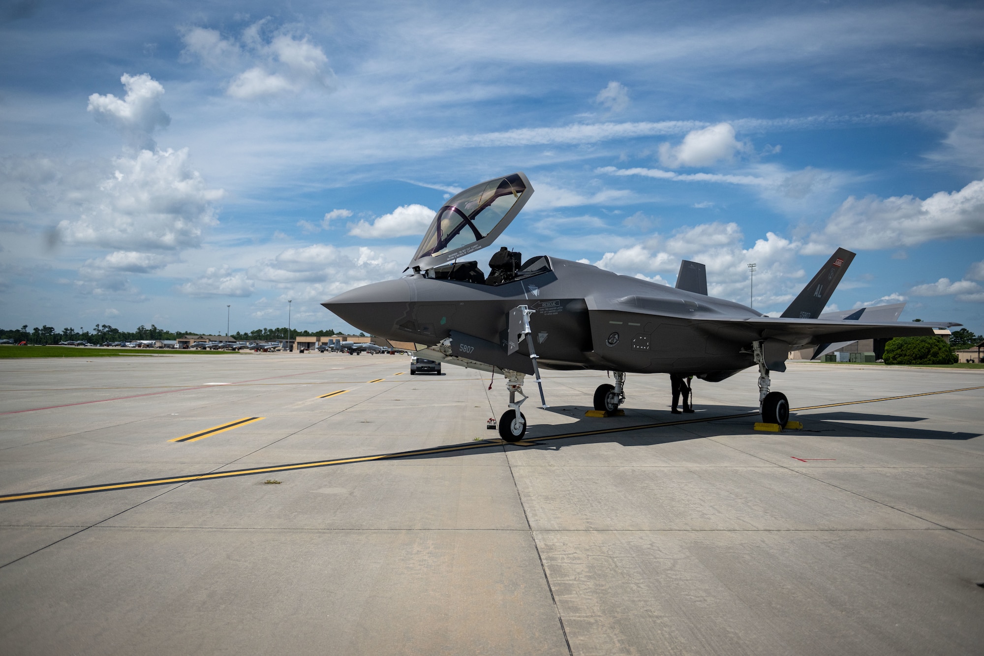 A U.S Air Force F-35A Lightning II from the 187th Fighter Wing, Alabama Air National Guard at Dannelly Field, sits on the tarmac after a comprehensive noise exercise at Moody Air Force Base, Georgia, June 18, 2025. The exercise measured sound levels from the F-35 and provided crucial lessons learned in light of the adoption of the F-35. (U.S. Air Force photo by 1st Lt. Benjamin Williams)
