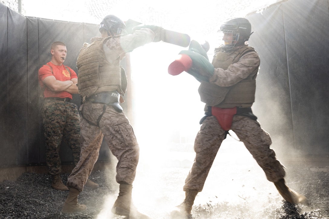 U.S. Marine Corps recruits with Delta Company, 1st Recruit Training Battalion, participate in a pugil sticks training event at Marine Corps Recruit Depot San Diego, California, June. 17, 2025. Recruits are taught Marine Corps Martial Arts Program techniques that instill basic self-defense that they will execute throughout recruit training during events like body sparring and pugil sticks to help build a warrior ethos and Esprit de Corps. (U.S. Marine Corps photo by Sgt. Trey Q. Michael)