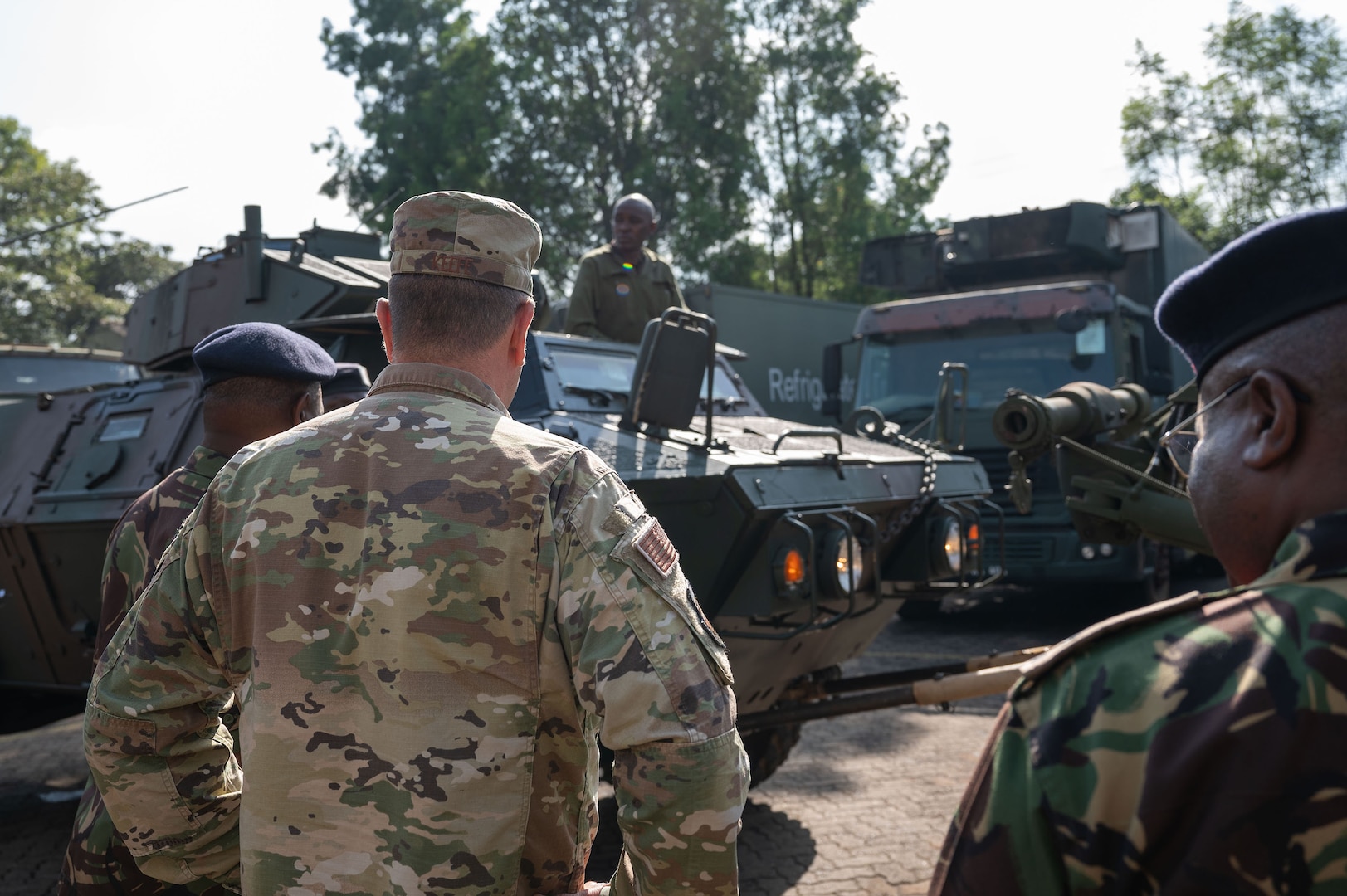 U.S. Air Force Maj. Gen. Gary Keefe, the adjutant general of the Massachusetts National Guard (MANG), observes the progress of the ongoing M1117 Armored Support Vehicle refurbishment initiative at the Kahawa Barracks in Nairobi, Kenya, May 30, 2025.