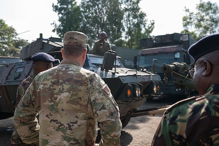 U.S. Air Force Maj. Gen. Gary Keefe, the adjutant general of the Massachusetts National Guard (MANG), observes the progress of the ongoing M1117 Armored Support Vehicle refurbishment initiative at the Kahawa Barracks in Nairobi, Kenya, May 30, 2025.