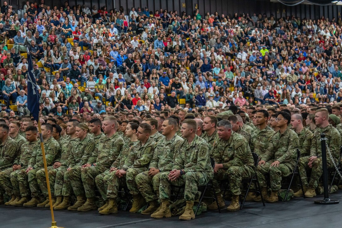 The Wisconsin Army National Guard's 2nd Battalion, 127th Infantry Regiment held a mobilization send-off ceremony in Oshkosh, May 31, 2025. Approximately 700 Soldiers with the 2-127th Infantry Regiment, a battalion of the 32nd Infantry Brigade Combat Team,  are deploying to the Central Command area of responsibility and will work with NATO partners to promote regional security, dissuade conflict, and protect United States and coalition interests in the region. (U.S. Army National Guard photo by Staff. Sgt. Amanda Stock)