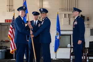 Col. Gregory Savilla assumes command of the 7th Mission Support Group from Col. Seth Spanier, 7th Bomb Wing commander, during a change of command ceremony at Dyess Air Force Base, Texas, June 26, 2025.  The 7th MSG supports the base through its civil engineering, security forces, communications, logistics, and force support squadrons, managing all facilities and ensuring wing readiness. (U.S. Air Force photo by Senior Airman Jade M. Caldwell)