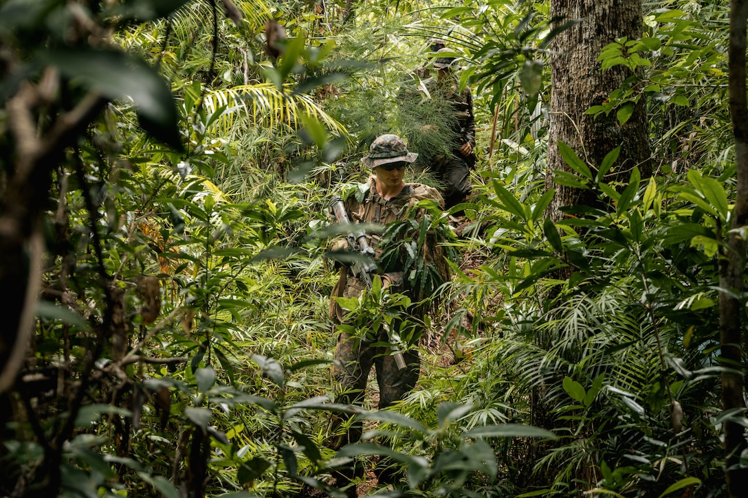 U.S. Marines with Marine Rotational Force – Darwin 25.3, I Marine Expeditionary Force Forward, patrol during KAMANDAG 9 at Oyster Bay, Palawan, Philippines, June 11, 2025. KAMANDAG is an annual Philippine Marine Corps and U.S. Marine Corps-led exercise aimed at enhancing the Armed Forces of the Philippines’ defense and humanitarian capabilities by providing valuable training in combined operations with foreign militaries in the advancement of a Free and Open Indo-Pacific. MRF-D is an annual six-month rotational deployment to enhance interoperability with the Australian Defence Force and allies and partners and provide a forward postured crisis response force in the Indo-Pacific. (U.S. Marine Corps photo by Cpl. Anita Ramos)