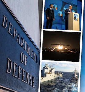 In a graphic, a plaque reads Department of Defense. On the right, three photos appear. The top shows two people standing, one at a podium; the middle is a B-2 bomber taking off at night; and the bottom is two ships at sea.