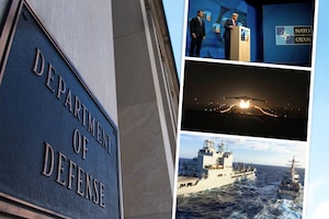 In a graphic, a plaque reads Department of Defense. On the right, three photos appear. The top shows two people standing, one at a podium; the middle is a B-2 bomber taking off at night; and the bottom is two ships at sea.