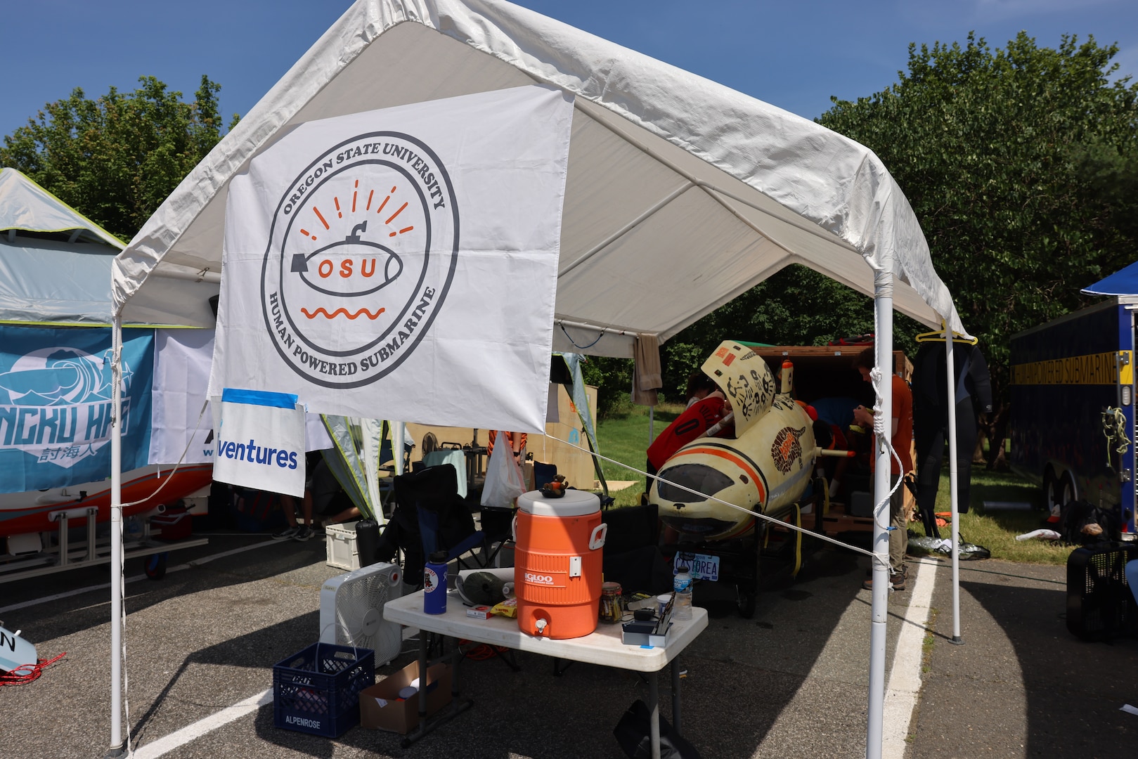 Oregon State University's tent outside of the David Taylor Model Basin at NSWC Carderock Division in preparation for their submarine, Castorea, to race.