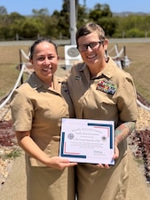 250521-N-N0164-1001

GUANTANAMO BAY, Cuba (May 16, 2025) – Cmdr. Rebeca Rodriguez, and Cmdr. Crystal Saraceni, members of U.S. Navy Medicine Readiness and Training Command, Guantanamo Bay, stand outside U.S. Naval Hospital Guantanamo Bay after an award ceremony, May, 21, 2025. Saraceni a Clinical Nurse Specialist, Director of Clinical Support Services, and Chief Nursing Informatics Officer for the hospital, was presented with the 2025 Defense Health Agency Annual Nursing Award. (U.S. Navy photo by Emily McCamy)