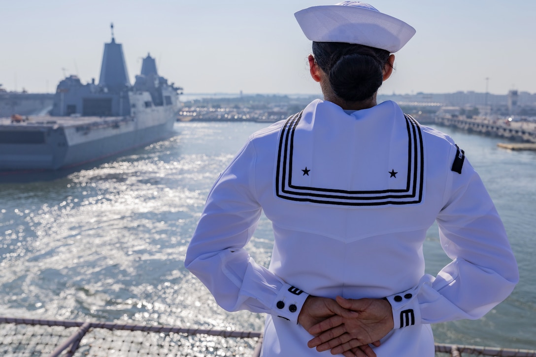 A sailor stands at attention facing a harbor as seen from behind.