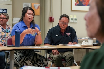Lila Castellano, a Navy Closure Task Force-Red Hill (NCTF-RH) community liaison officer, briefs members of the Hawaii State Emergency Response Commission on the plan to return the Joint Base Pearl Harbor-Hickam (JBPHH) drinking water system to compliance monitoring and the reactivation of the Navy’s Aiea-Halawa shaft during a meeting in Pearl City, Hawaii, June 20, 2025. Charged with the safe decommissioning of the Red Hill Bulk Fuel Storage Facility (RHBFSF), NCTF-RH was established by the Department of the Navy as a commitment to the community and the environment. NCTF-RH continues to engage with the people of Hawaii, regulatory agencies, and other stakeholders as it safely and deliberately decommissions the facility. (U.S. Navy photo by Mass Communication Specialist 3rd Class Krystal Diaz)