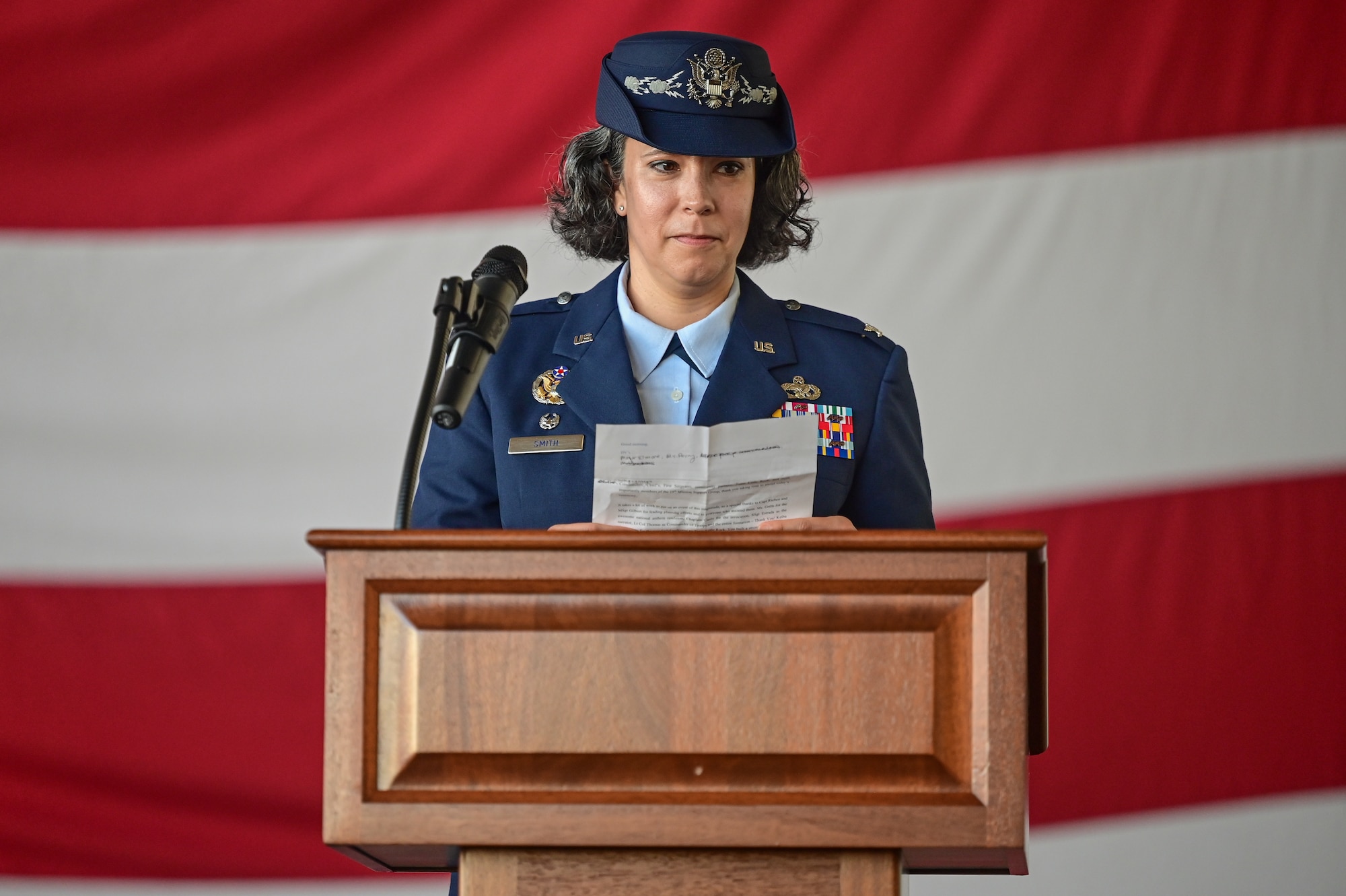 U.S. Air Force Col. Katrina Smith, 19th Mission Support Group incoming commander, speaks to Team Little Rock members during a change of command ceremony, June 27, 2025, at Little Rock Air Force Base, Arkansas.