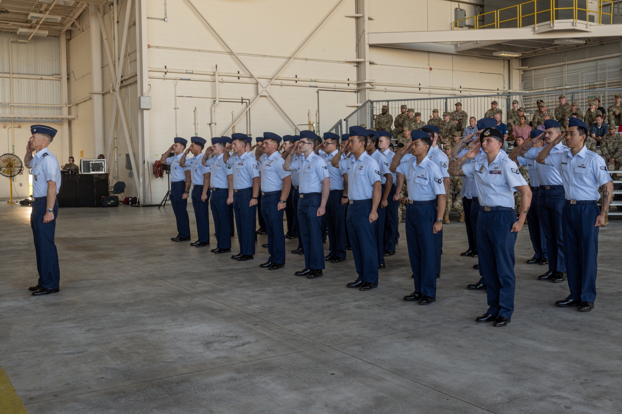 Members of the 19th Mission Support Group render a first salute to Col. Katrina Smith, 19th MSG incoming commander, during a change of command ceremony, June 27, 2025, at Little Rock Air Force Base, Arkansas.