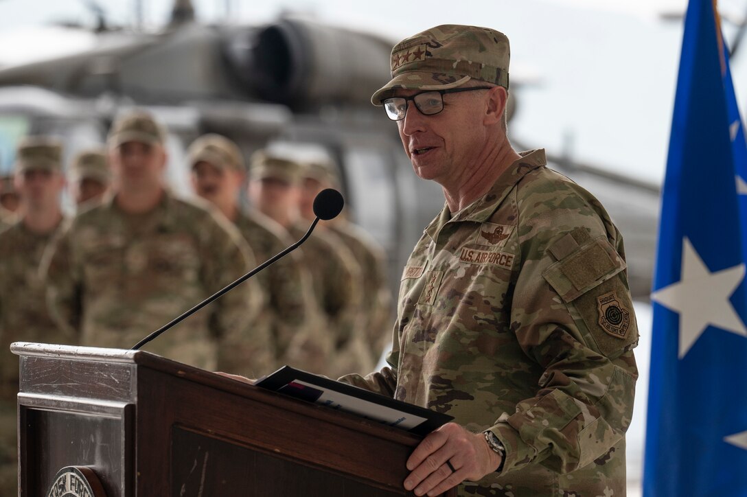 U.S. Air Force Lt. Gen. Evan L. Pettus, U.S. Southern Command military deputy commander, gives remarks speaking to the accomplishments of Joint Task Force-Bravo and its leaders during a change of command ceremony at Soto Cano Air Base, Honduras, June 18, 2025. Pettus presided over the ceremony and thanked JTF-Bravo members for their contributions to regional stability in positive progress in Central America. JTF-Bravo functions as USSOUTHCOM’s rapid response element; enhances regional security, promotes stability, and strengthens partnerships through joint exercises, disaster response, and capacity-building initiatives in support of USSOUTHCOM priorities. (U.S. Air Force photo by Staff Sgt. Sadie Colbert)
