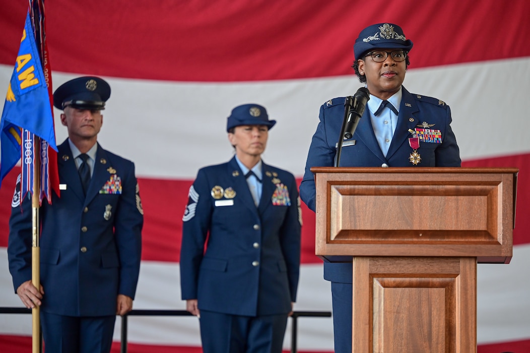 U.S. Air Force Col. N’Keiba Estelle, 19th Mission Support Group outgoing commander, speaks to Team Little Rock members during a change of command ceremony, June 27, 2025, at Little Rock Air Force Base, Arkansas.