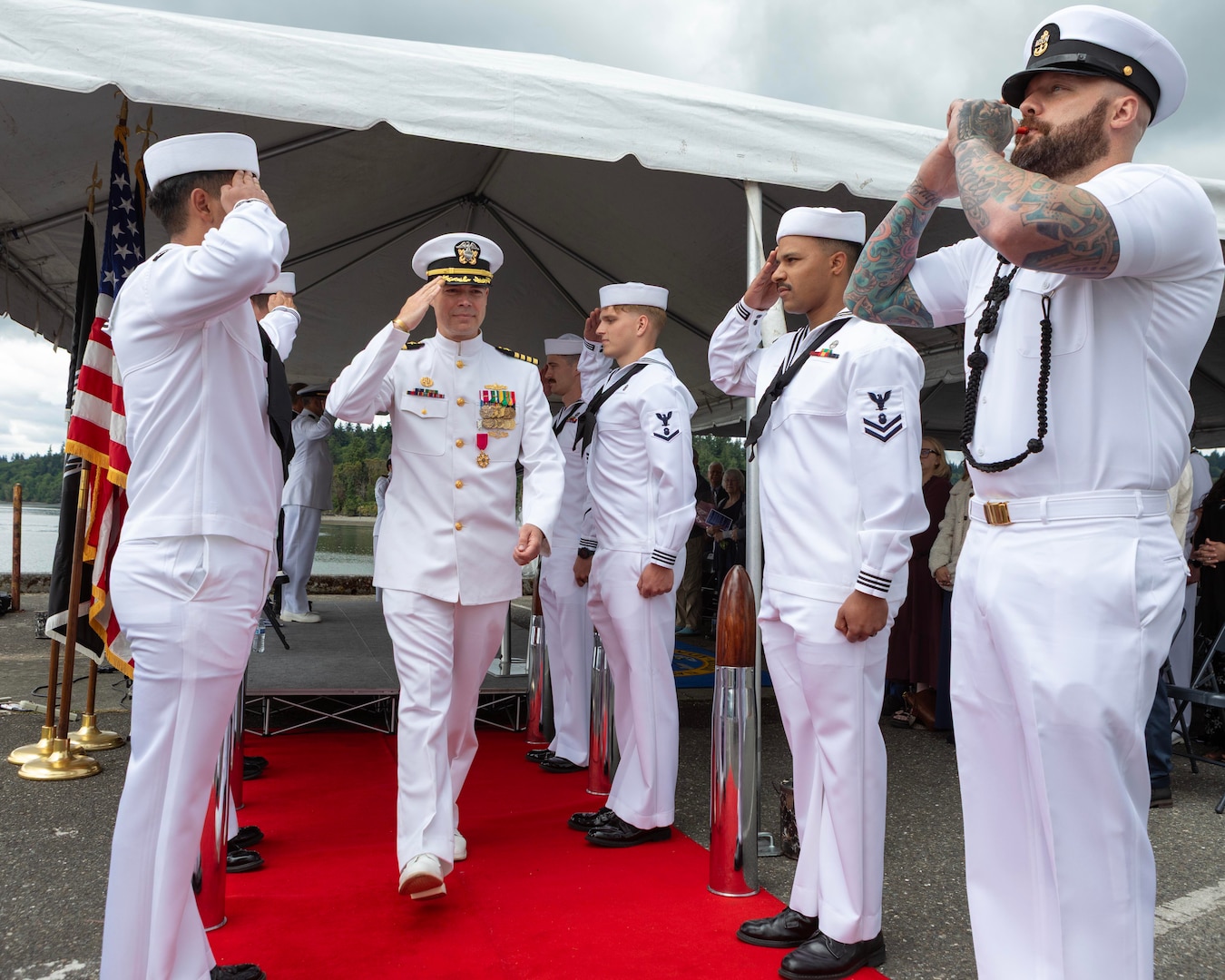 Capt. Brandon Monaghan relieved Capt. Clint Hoskins during a change of command ceremony at Naval Undersea Warfare Center Division, Keyport in Keyport, Washington, June 27, 2025. The event took place along the command’s waterfront and was presided over by Rear Adm. Scott Brown, deputy commander for Industrial Operations, Naval Sea Systems Command.