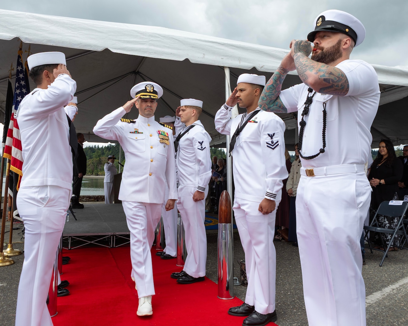 Capt. Brandon Monaghan relieved Capt. Clint Hoskins during a change of command ceremony at Naval Undersea Warfare Center Division, Keyport in Keyport, Washington, June 27, 2025. The event took place along the command’s waterfront and was presided over by Rear Adm. Scott Brown, deputy commander for Industrial Operations, Naval Sea Systems Command.