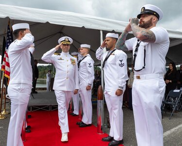 Capt. Brandon Monaghan relieved Capt. Clint Hoskins during a change of command ceremony at Naval Undersea Warfare Center Division, Keyport in Keyport, Washington, June 27, 2025. The event took place along the command’s waterfront and was presided over by Rear Adm. Scott Brown, deputy commander for Industrial Operations, Naval Sea Systems Command.