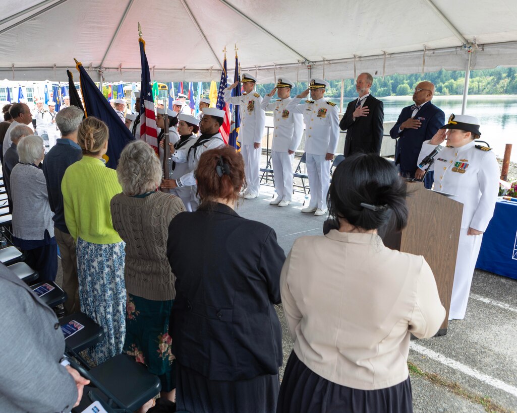 Capt. Brandon Monaghan relieved Capt. Clint Hoskins during a change of command ceremony at Naval Undersea Warfare Center Division, Keyport in Keyport, Washington, June 27, 2025. The event took place along the command’s waterfront and was presided over by Rear Adm. Scott Brown, deputy commander for Industrial Operations, Naval Sea Systems Command.