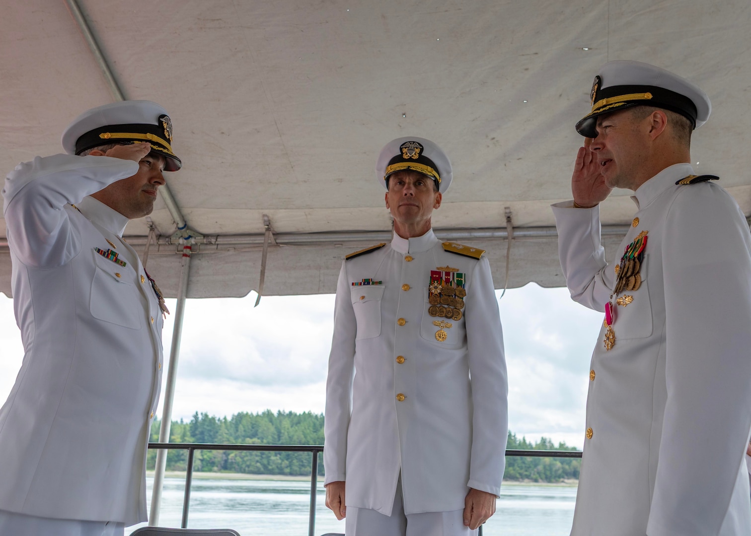 Capt. Brandon Monaghan relieved Capt. Clint Hoskins during a change of command ceremony at Naval Undersea Warfare Center Division, Keyport in Keyport, Washington, June 27, 2025. The event took place along the command’s waterfront and was presided over by Rear Adm. Scott Brown, deputy commander for Industrial Operations, Naval Sea Systems Command.