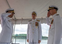Capt. Brandon Monaghan relieved Capt. Clint Hoskins during a change of command ceremony at Naval Undersea Warfare Center Division, Keyport in Keyport, Washington, June 27, 2025. The event took place along the command’s waterfront and was presided over by Rear Adm. Scott Brown, deputy commander for Industrial Operations, Naval Sea Systems Command.