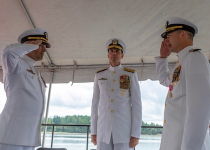 Capt. Brandon Monaghan relieved Capt. Clint Hoskins during a change of command ceremony at Naval Undersea Warfare Center Division, Keyport in Keyport, Washington, June 27, 2025. The event took place along the command’s waterfront and was presided over by Rear Adm. Scott Brown, deputy commander for Industrial Operations, Naval Sea Systems Command.