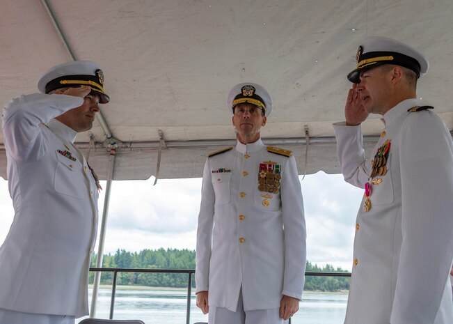 Capt. Brandon Monaghan relieved Capt. Clint Hoskins during a change of command ceremony at Naval Undersea Warfare Center Division, Keyport in Keyport, Washington, June 27, 2025. The event took place along the command’s waterfront and was presided over by Rear Adm. Scott Brown, deputy commander for Industrial Operations, Naval Sea Systems Command.