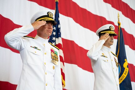 Rear Adm. Luke Frost relieved Rear Adm. Michael Steffen as Commander, Navy Reserve Forces Command (CNRFC) during a ceremony held at the Helicopter Sea Combat Squadron 2 (HSC-2) hangar, June 27.