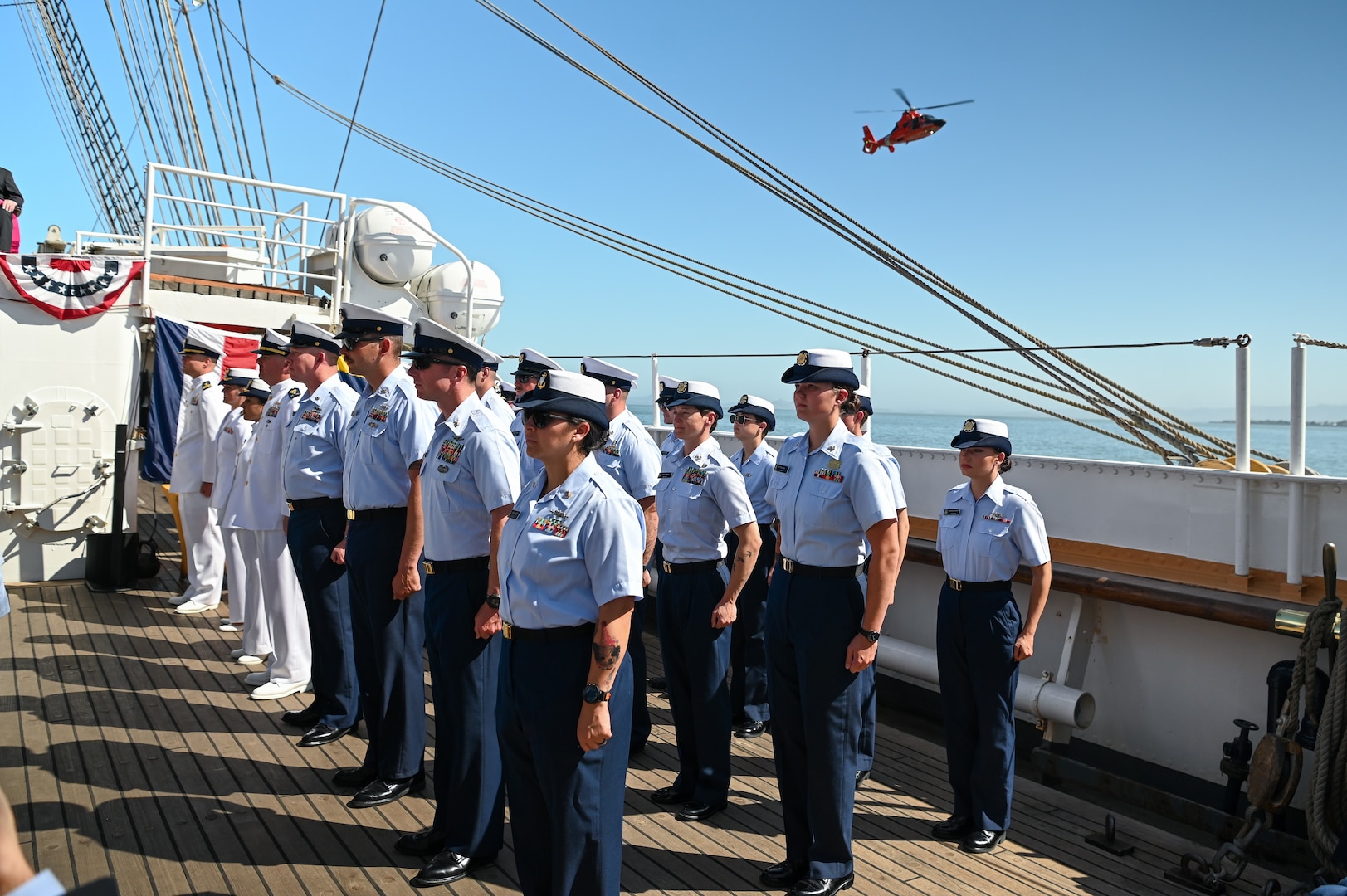 The crew of U.S. Coast Guard Cutter Eagle (WIX 327) held a change of command ceremony, Friday, in San Francisco. Capt. Kristopher Ensley relieved Capt. Jessica Rozzi-Ochs as commanding officer of the Eagle during the ceremony, which was presided over by Vice Adm. Nathan Moore, commander of Coast Guard Atlantic Area. (U.S. Coast Guard photo by Petty Officer 3rd Class Nicholas Strasburg)