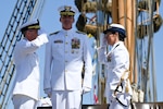 The crew of U.S. Coast Guard Cutter Eagle (WIX 327) held a change of command ceremony, Friday, in San Francisco. Capt. Kristopher Ensley relieved Capt. Jessica Rozzi-Ochs as commanding officer of the Eagle during the ceremony, which was presided over by Vice Adm. Nathan Moore, commander of Coast Guard Atlantic Area. (U.S. Coast Guard photo by Petty Officer 3rd Class Nicholas Strasburg)