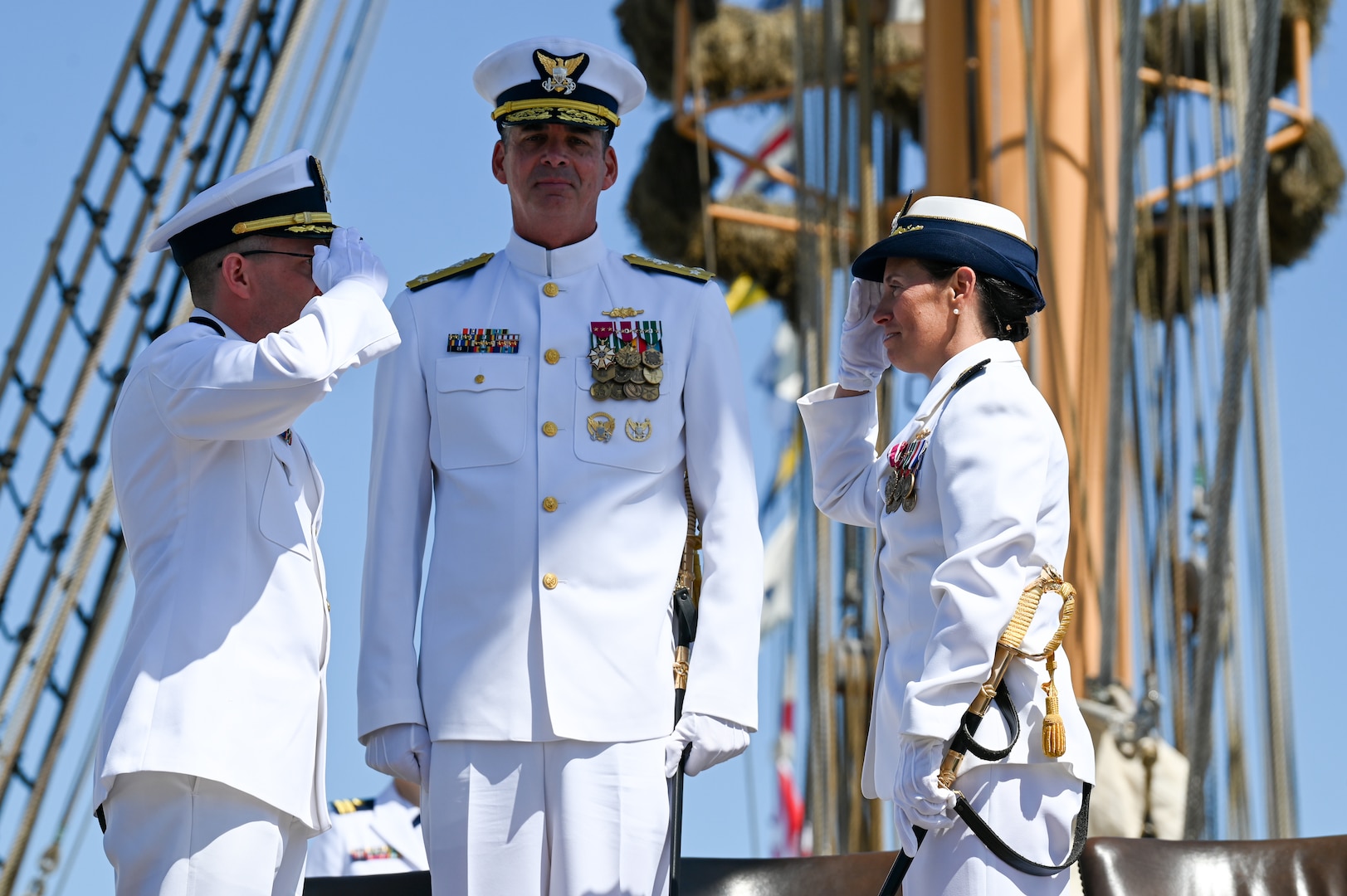 The crew of U.S. Coast Guard Cutter Eagle (WIX 327) held a change of command ceremony, Friday, in San Francisco. Capt. Kristopher Ensley relieved Capt. Jessica Rozzi-Ochs as commanding officer of the Eagle during the ceremony, which was presided over by Vice Adm. Nathan Moore, commander of Coast Guard Atlantic Area. (U.S. Coast Guard photo by Petty Officer 3rd Class Nicholas Strasburg)