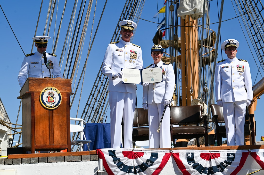 The crew of U.S. Coast Guard Cutter Eagle (WIX 327) held a change of command ceremony, Friday, in San Francisco. Capt. Kristopher Ensley relieved Capt. Jessica Rozzi-Ochs as commanding officer of the Eagle during the ceremony, which was presided over by Vice Adm. Nathan Moore, commander of Coast Guard Atlantic Area. (U.S. Coast Guard photo by Petty Officer 3rd Class Nicholas Strasburg)