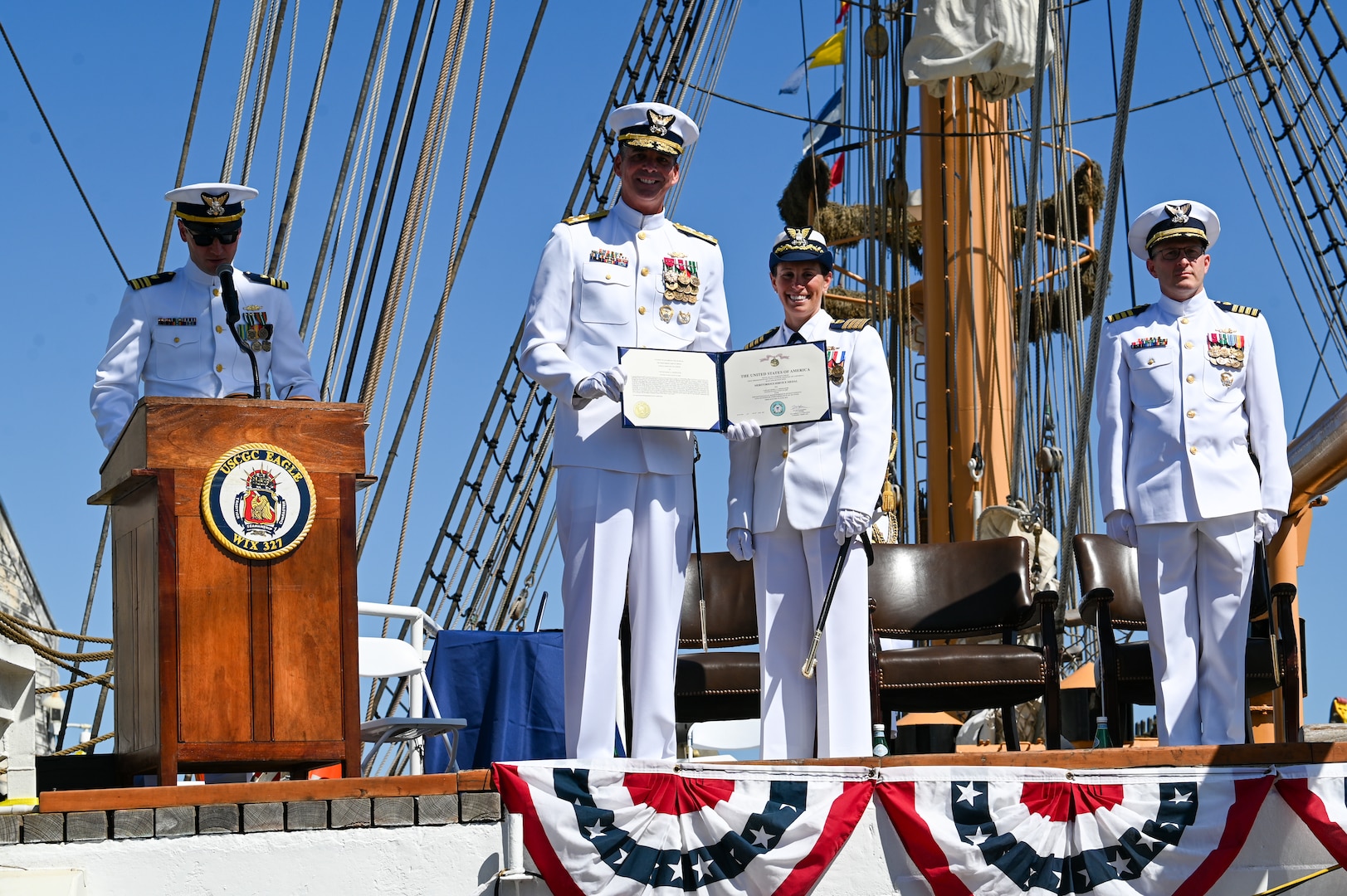 The crew of U.S. Coast Guard Cutter Eagle (WIX 327) held a change of command ceremony, Friday, in San Francisco. Capt. Kristopher Ensley relieved Capt. Jessica Rozzi-Ochs as commanding officer of the Eagle during the ceremony, which was presided over by Vice Adm. Nathan Moore, commander of Coast Guard Atlantic Area. (U.S. Coast Guard photo by Petty Officer 3rd Class Nicholas Strasburg)