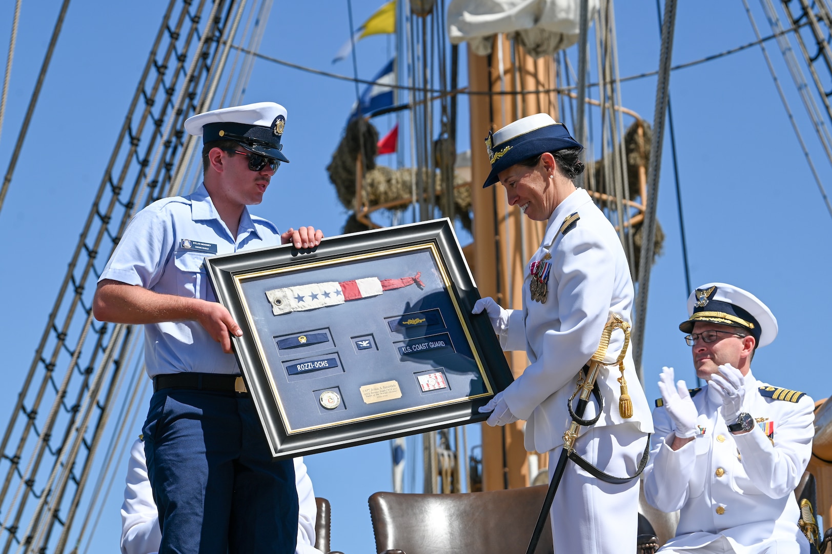 The crew of U.S. Coast Guard Cutter Eagle (WIX 327) held a change of command ceremony, Friday, in San Francisco. Capt. Kristopher Ensley relieved Capt. Jessica Rozzi-Ochs as commanding officer of the Eagle during the ceremony, which was presided over by Vice Adm. Nathan Moore, commander of Coast Guard Atlantic Area. (U.S. Coast Guard photo by Petty Officer 3rd Class Nicholas Strasburg)