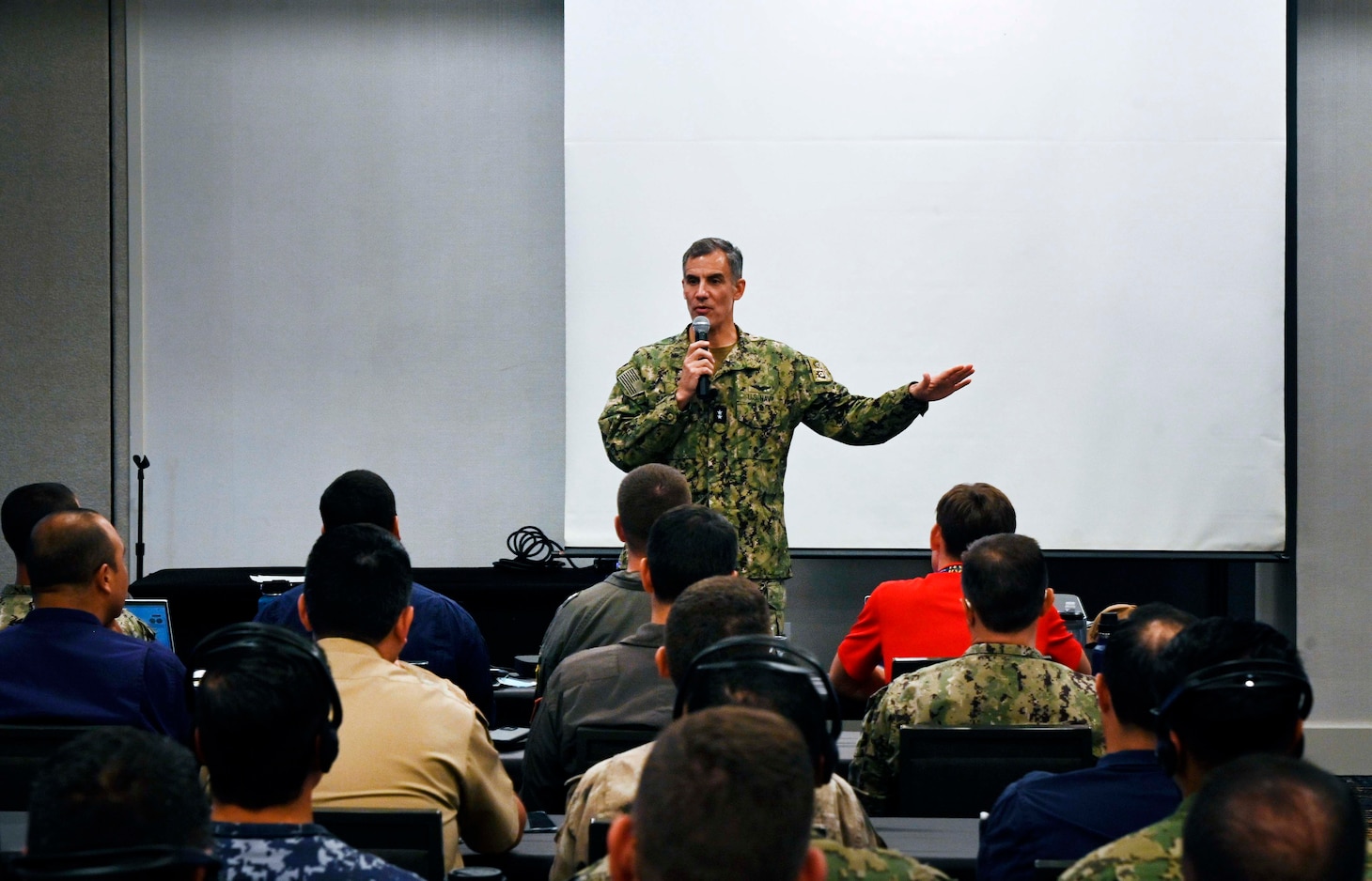 U.S. Naval Forces Southern Command / U.S. 4th Fleet Commander, Rear Adm. Carlos Sardiello, addresses planners from more than 20 countries during the UNITAS 2025 Final Planning Conference in Jacksonville, Fla. The conference brought together representatives from the U.S. and partner nations to finalize plans for UNITAS 2025, the 66th iteration of the world’s longest-running multinational maritime exercise.