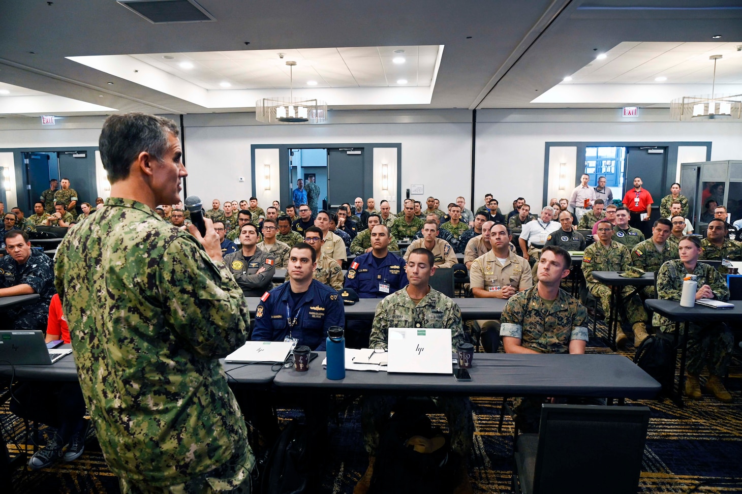 U.S. Naval Forces Southern Command / U.S. 4th Fleet Commander, Rear Adm. Carlos Sardiello, addresses planners from more than 20 countries during the UNITAS 2025 Final Planning Conference in Jacksonville, Fla. The conference brought together representatives from the U.S. and partner nations to finalize plans for UNITAS 2025, the 66th iteration of the world’s longest-running multinational maritime exercise.