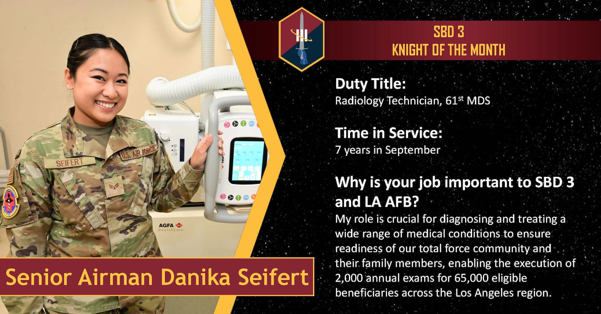 A woman in an Air Force uniform poses with radiology examination equipment as she as recognized for her superior work ethic as July 2025 61st Medical Squadron Knight of the Month.