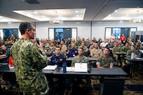 U.S. Naval Forces Southern Command / U.S. 4th Fleet Commander, Rear Adm. Carlos Sardiello, addresses planners from more than 20 countries during the UNITAS 2025 Final Planning Conference in Jacksonville, Fla. The conference brought together representatives from the U.S. and partner nations to finalize plans for UNITAS 2025, the 66th iteration of the world’s longest-running multinational maritime exercise.