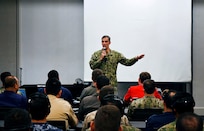 U.S. Naval Forces Southern Command / U.S. 4th Fleet Commander, Rear Adm. Carlos Sardiello, addresses planners from more than 20 countries during the UNITAS 2025 Final Planning Conference in Jacksonville, Fla. The conference brought together representatives from the U.S. and partner nations to finalize plans for UNITAS 2025, the 66th iteration of the world’s longest-running multinational maritime exercise.