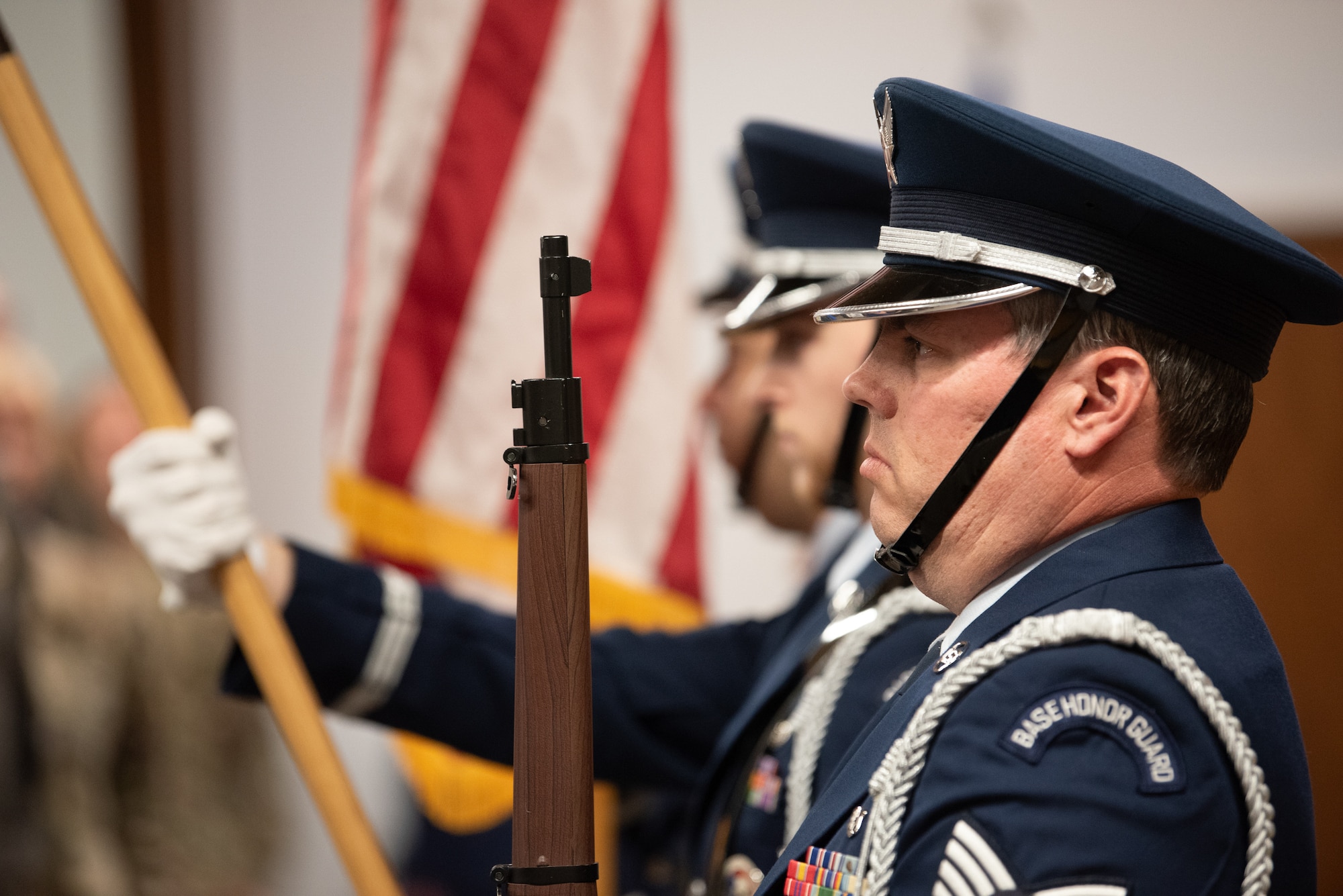 The 123rd Airlift Wing Honor Guard presents the colors during a change-of-responsibility ceremony at the Kentucky Air National Guard Base in Louisville, Ky., April 13, 2025. Chief Master Sgt. Steven Best officially assumed the post of state command chief during the ceremony, replacing Chief Master Sgt. James Tongate, who is retiring. (U.S. Air National Guard photo by Master Sgt. Joshua Horton)
