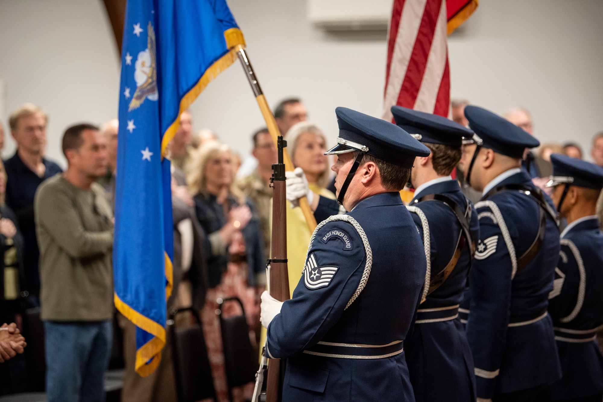 The 123rd Airlift Wing Honor Guard presents the colors during a change-of-responsibility ceremony at the Kentucky Air National Guard Base in Louisville, Ky., April 13, 2025. Chief Master Sgt. Steven Best officially assumed the post of state command chief during the ceremony, replacing Chief Master Sgt. James Tongate, who is retiring. (U.S. Air National Guard photo by Master Sgt. Joshua Horton)