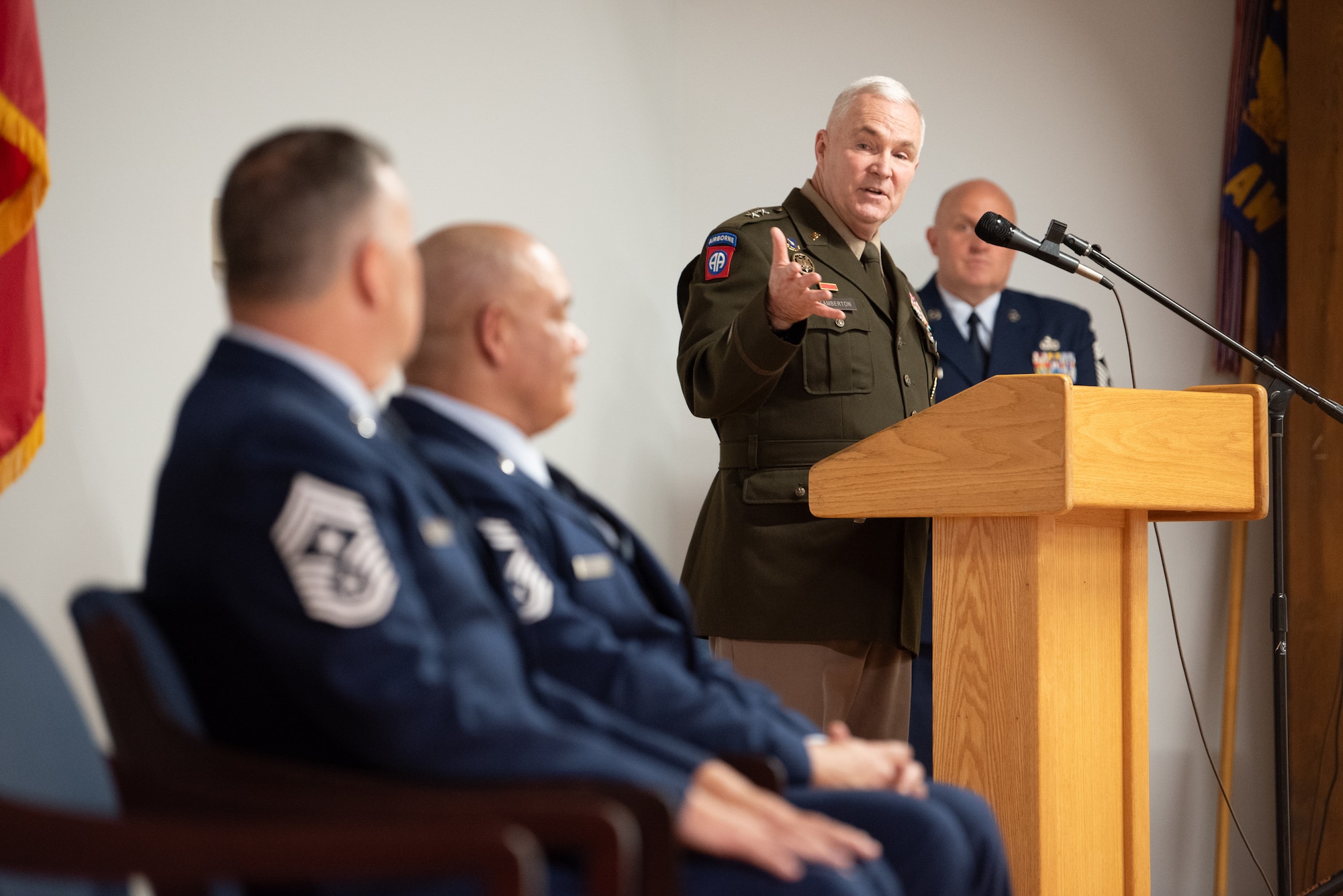 U.S. Army Maj. Gen. Haldane Lamberton, Kentucky’s adjutant general, speaks during a change-of-responsibility ceremony at the Kentucky Air National Guard Base in Louisville, Ky., April 13, 2025. During the ceremony, U.S. Air Force Chief Master Sgt. Steven Best officially assumed the post of state command chief, replacing U.S. Air Force Chief Master Sgt. James Tongate, who is retiring. (U.S. Air National Guard photo by Master Sgt. Joshua Horton)