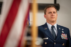Chief Master Sgt. Blair Baerny, the newly appointed command chief for the 123rd Airlift Wing, speaks during a change-of-responsibility ceremony at the Kentucky Air National Guard Base in Louisville Ky, April 13, 2025. Baerny replaces Chief Master Sgt. Steven Best , who was named state command chief for the Kentucky Air National Guard. (U.S. Air National Guard photo by Master Sgt. Joshua Horton)