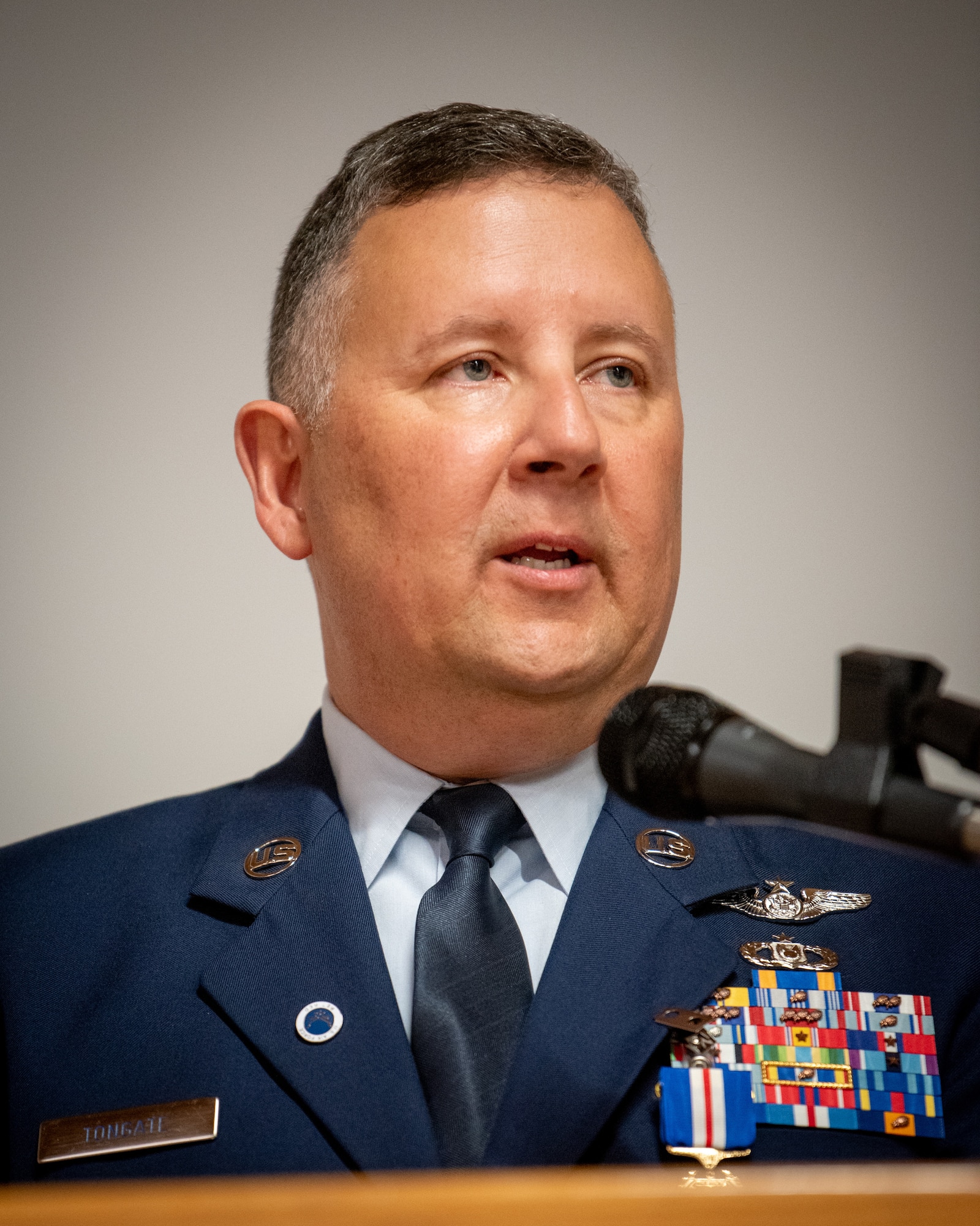 Chief Master Sgt. James Tongate, Kentucky Air National Guard state command chief, speaks during his retirement ceremony at the Kentucky Air National Guard Base in Louisville, Ky., April 13, 2025. Tongate served the U.S. military for 33 years. (U.S. Air National Guard photo by Master Sgt. Joshua Horton)