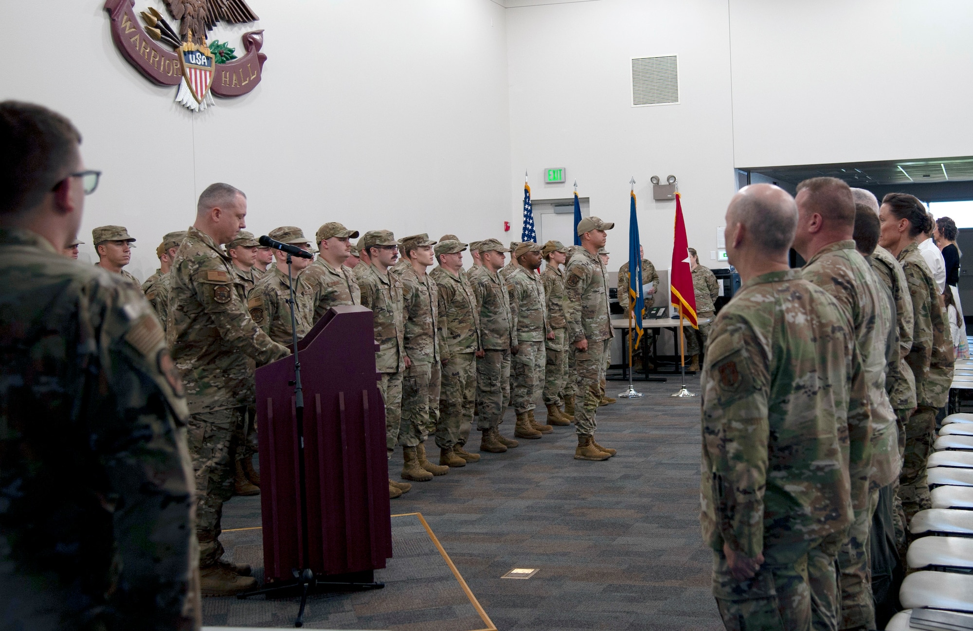 Lt. Col. Nicholas Rhodes (center) stands in front of a formation of Airmen during a demobilization ceremony in Warrenton, Oregon on 8 June, 2025. 34 Members of the 116th Air Control Squadron deployed in the fall of 2024 in support of United States Central Command.