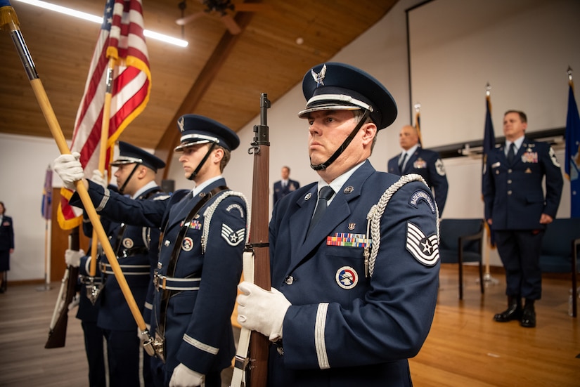 Chief Master Sgt. Blair Baerny prepares to assume the role of wing command chief for the 123rd Airlift Wing during a change-of-responsibility ceremony at the Kentucky Air National Guard Base in Louisville, Ky., April 13, 2025. Baerny replaces Chief Master Sgt. Steven Best, who was named state command chief for the Kentucky Air National Guard. (U.S. Air National Guard photo by Master Sgt. Joshua Horton)